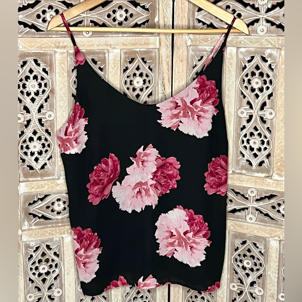 Banana Republic Black Pink Floral Print Tank Cami Adjustable Straps Size M